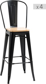 Conjunto de 4 bancos de bar com encosto e apoio para os pés, altura do assento 76 cm, metal preto, em imitação de madeira clara