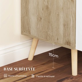 Aparador com puxadores de bambu, prateleira ajustável e base elevada – 76 x 41,2 x 74 cm, branco e cor madeira natural