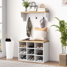 Conjunto de mobiliário para entrada 2 em 1: cabideiro de parede e banco para sapatos, com 3 ganchos e 9 compartimentos abertos, 75 x 30 x 50 cm, branc