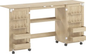 Mesa de Costura Dobrável com 6 Rodas 20 Pinos para Linhas 4 Compartimentos Prateleira Carvalho