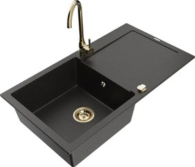 Mexen Leo lava-loiça de granito com 1 cuba, escorredor e torneira de cozinha Telma, preto/dourado metálico - 6501-75-670200-50