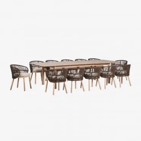 Conjunto De Mesa Retangular Extensível Duala 250-310x105 Cm E 12 Cadeiras De Jardim Em Madeira De Acácia E Corda Trançada Capri Castanho Chocolate -