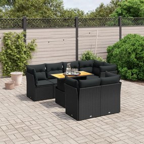 8 pcs conjunto sofás de jardim com almofadões vime PE preto