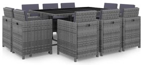 11 pcs conjunto jantar exterior c/ almofadões vime PE cinzento