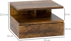 Conjunto de 2 Mesas de Cabeceira Flutuantes com Gaveta e Prateleira Aberta para Sala de Estar, 35x32x22,5 cm Castanho Rústico