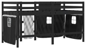 Cama alta criança c/ cortina 80x200cm pinho maciço branco/preto