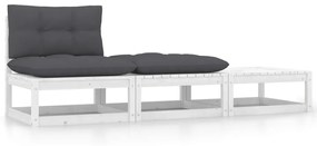 vidaXL 3 pcs conjunto lounge jardim c/ almofadões pinho maciço branco
