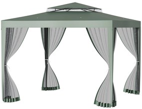 Outsunny Pérgola de Jardim 3x3m Pérgola com 4 Redes Mosquiteiras Laterais com Zíper Teto de Ventilação e 8 Orifícios de Drenagem Pérgola para Terraço Pátio Exterior Verde