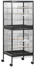 PawHut Gaiola para Pássaros com Rodas de 2 Níveis com Bandejas Removíveis Portas Comedouros Poleiros 51,5x50x140 cm Preto | Aosom Portugal