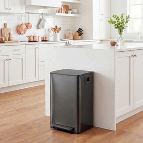 Caixote do lixo de cozinha com 2 compartimentos de 2 x 30 L, aço inoxidável, tampa com fecho suave, 47,7 x 37,5 x 66,8 cm, preto