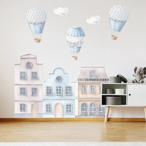 Casas azuis com balões de ar quente para quarto de criança