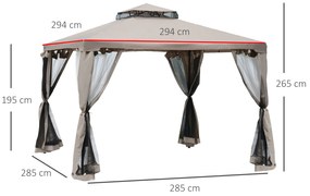 Outsunny Pérgola de Jardim 3x3m Pérgola de Exterior com Duplo Teto de Ventilação 8 Orifícios de Drenagem e 4 Telas Mosquiteiras com Fecho de Correr para Festas Pátio Marrom Cáqui