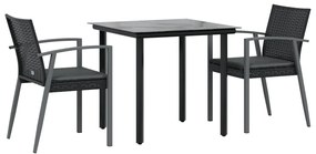 3 pcs conjunto de jantar p/ jardim c/ almofadões vime PE e aço