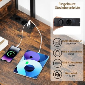 Mesa de computador com filtro de linha 120 cm Mesa de estudo com estante Tomadas de energia Porta USB A Porta tipo C Natural e branco