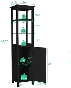 Armário de casa de banho estreito com 3 níveis Estante e 1 porta Armário organizador fino para sala de estar Cozinha 40 x 32 x 161,5 cm Preto