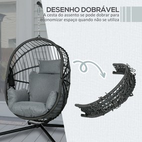 Cadeira Suspensa com Suporte Jardim Cadeira Baloiço de Exterior com Cesta Dobrável Almofada e Apoio para a Cabeça 120x106x188 cm  Cinza
