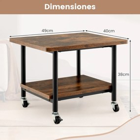 Mesa para impressoras com 4 rodas e mecanismo de bloqueio Carrinho com rodas e Estante 49 x 40 x 38 cm-Castanho