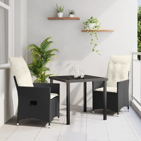 vidaXL Conjunto de Jantar de Jardim em 3 Peças com Almofadas Preto em Rattan Polipropileno