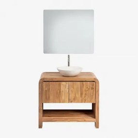 Conjunto De Móvel De Casa De Banho Em Madeira Vacry Castanho Acácia & Cimento Redondo Branco Ø40 Cm Zavion & Led Retangular E Anti-embaciamento 80x70