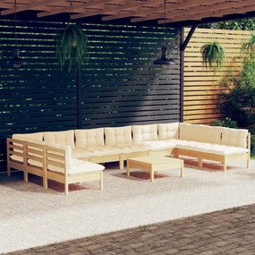 vidaXL 11 pcs conjunto lounge jardim c/ almofadões creme pinho maciço