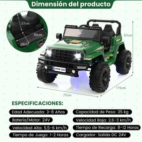 Carro Elétrico para Crianças de 2 Lugares com Bateria 24V com Controlo Remoto Bluetooth Música Luzes LED Verde