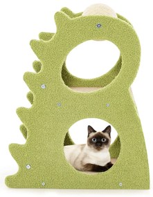 Arranhador moderno para gatos de interior com 2 níveis, bola giratória para arranhar, tecido felpudo e suporte para trepar verde e bege