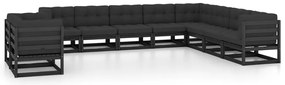 10 pcs conjunto lounge jardim c/ almofadões pinho maciço preto