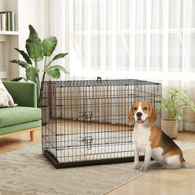 Gaiola de transporte dobrável para cães com pega, tabuleiro removível e almofada incluída – 105 x 70 x 75 cm – preta