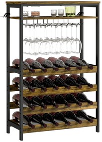 Garrafeira para Vinho para 24 Garrafas Estilo Industrial com Suporte para Copos e Prateleira Aberta 66x30x100,3 cm Castanho Rústico