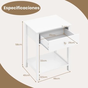 Mesa de cabeceira com gaveta, prateleira aberta e pés antiderrapantes 48 x 40 x 58 cm, branca