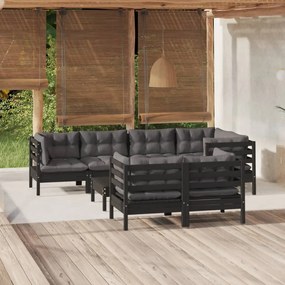 vidaXL 8 pcs conjunto lounge jardim c/ almofadões pinho maciço preto