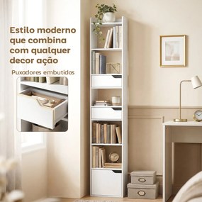 Estante para Livros com 2 Gavetas e Porta Estante Estreita com 6 Prateleiras Abertas 32x24x181,5 cm Branco