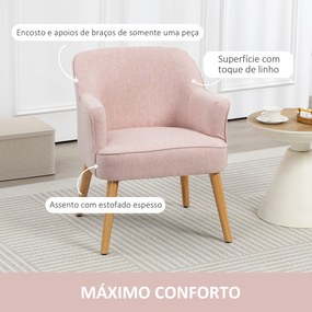 Poltrona Estilo Nórdico Estofada em Linho com Pés de Madeira para Dormitório Escritório Estúdio 64,5x65x79,5 cm Rosa