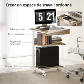 Secretária de computador com rodas, secretária com arrumação de 56 x 51 cm, com gaveta, compartimento e suporte para a unidade central, em carvalho