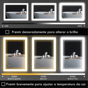 Espelho Casa de Banho com Luz LED 80x60 cm Iluminação Ajustável Função Anti-Embaciamento Função Memória Preto