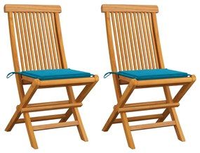 vidaXL Cadeiras de jardim c/ almofadões azuis 2 pcs teca maciça