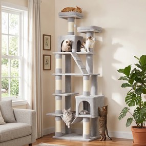 Arranhador para Gatos 204 cm Multinível com 2 Tocas Rede 2 Camas Postes de Sisal e Escada Cinza Claro