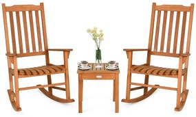 Conjunto de jardim de 3 peças 2 cadeiras de balanço e 1 mesa de centro de madeira de eucalipto para varanda externa