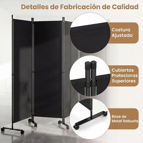 Biombo  Separador de Espaço Dobrável de 6 Painéis, 331,5 x 35,5 x 173 cm, Rodas com Travão, Preto