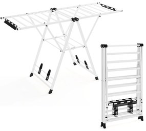 Estendal dobrável com braços ajustáveis 163 x 56 x 99–158 cm, pinças para meias e prateleira para sapatos, secador de roupa extensível branco