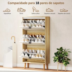 Sapateira Estreita com 3 Portas em Branco Brilhante Prateleiras Ajustáveis Pernas de Madeira para 18 Pares de Sapatos 60x24x127 cm