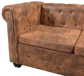 Sofá de canto Chesterfield 5 lugares em couro sintético marrom