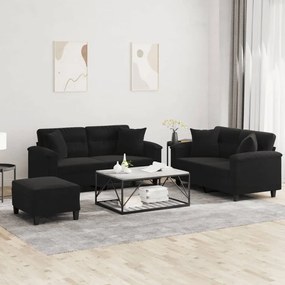 vidaXL 3 pcs conjunto sofás c/ almofadas tecido de microfibra preto