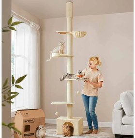 Arranhador para gatos com altura até ao teto 231-291 cm, ajustável em altura, bege