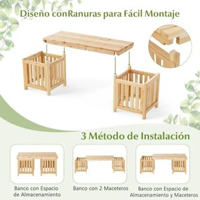 Banco de jardim 2 em 1 com 2 vasos 173 x 40 x 48 cm com design com ranhuras para fácil montagem para varanda ou jardim Natural