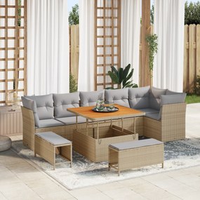Conjunto de Sofá de Jardim vidaXL 9 Peças com Almofadas Bege Rattan Po
