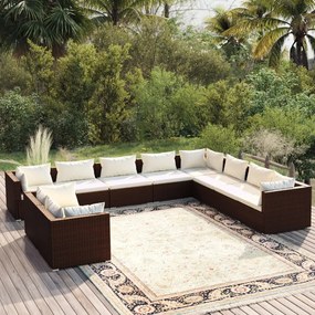 vidaXL 10 pcs conjunto lounge jardim c/ almofadões vime PE castanho