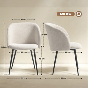 Conjunto de 2 cadeiras de sala de jantar com encosto em tecido com efeito de lã felpuda e pés em aço, 55 x 62 x 80 cm, bege e preto