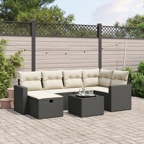 7 pcs conjunto de sofás p/ jardim c/ almofadões vime PE preto