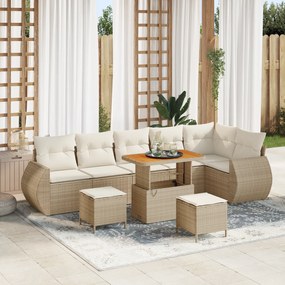 Conjunto de Sofás de Jardim 9 Peças com Almofadas Bege Polímero Vime A